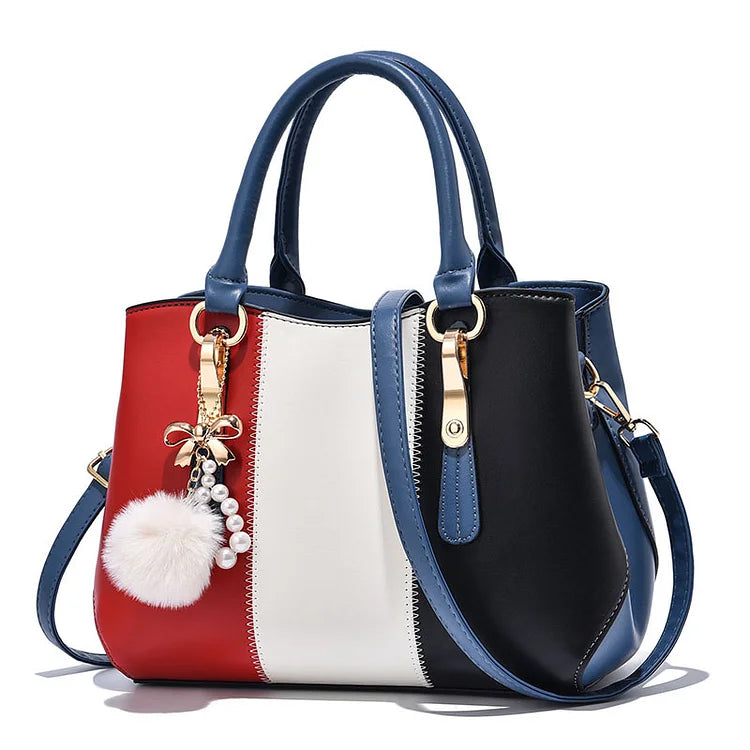 New Elegant Tri-color contrast wool ball Women's Handbag