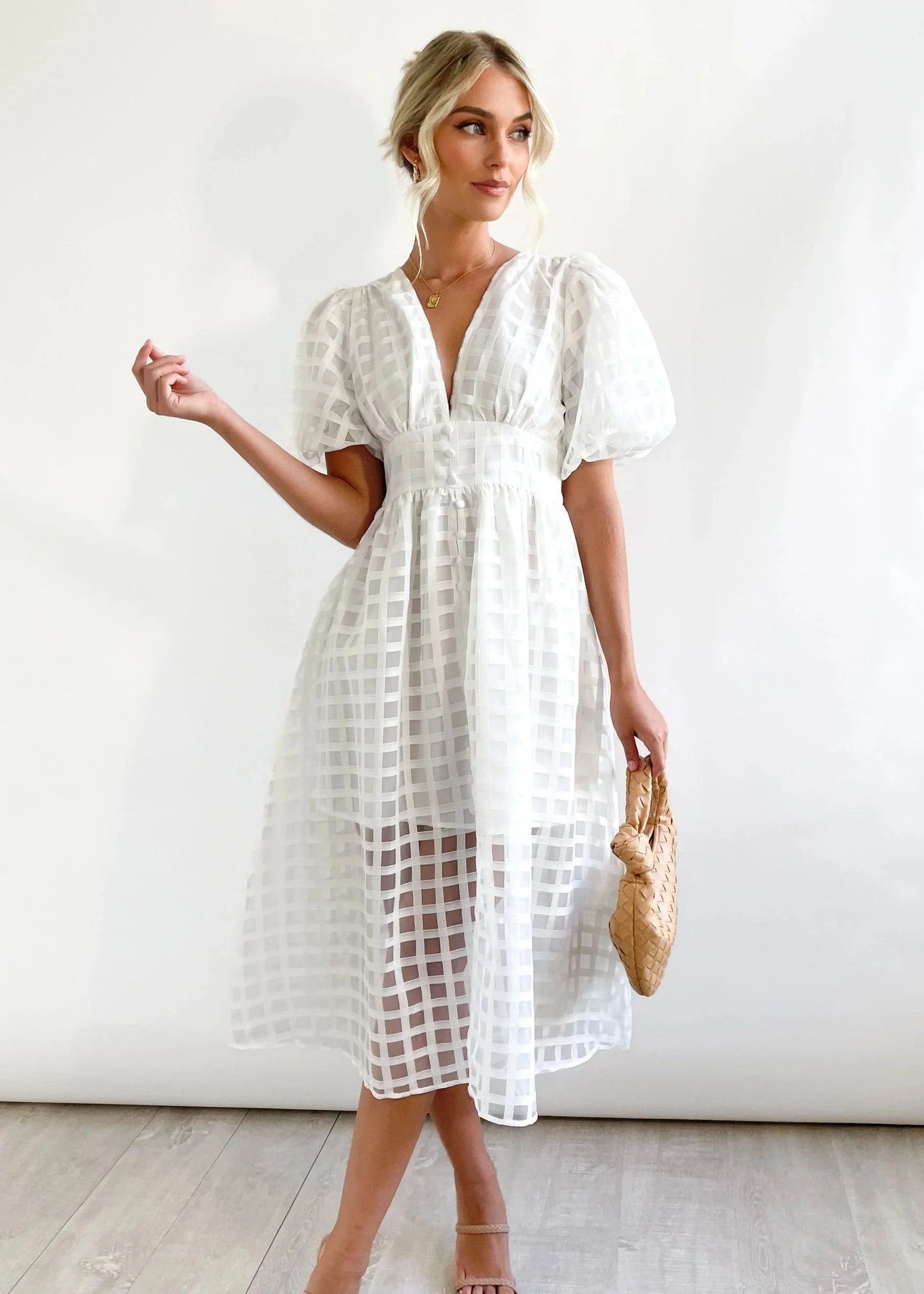 Time-limited promotion 49% OFF  Beauty Square Patterned Fabric Puff Sleeve Midi Dress