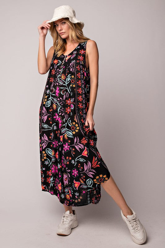 Vintage floral print loose sleeveless jumpsuit