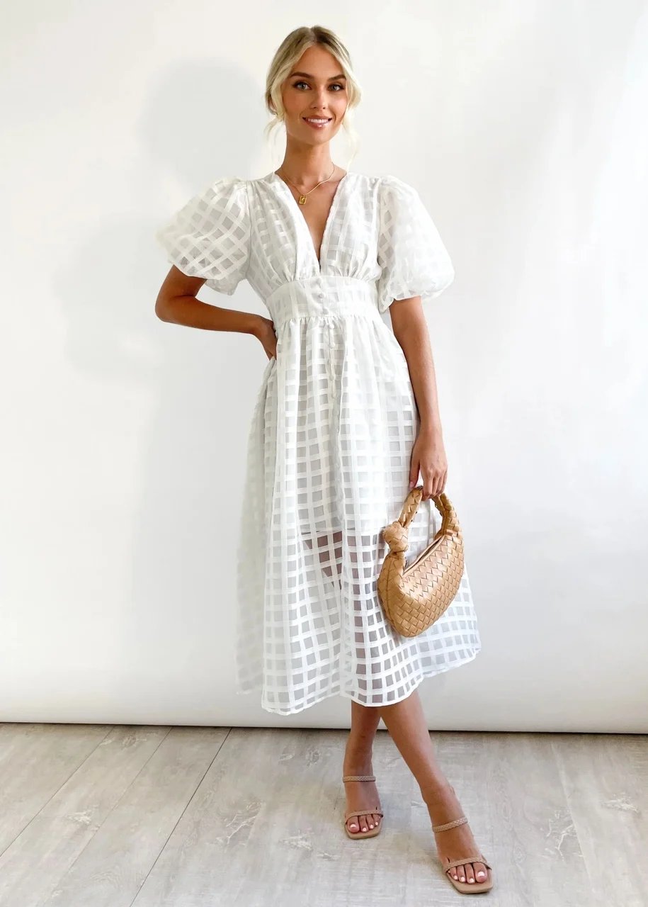 Time-limited promotion 49% OFF  Beauty Square Patterned Fabric Puff Sleeve Midi Dress