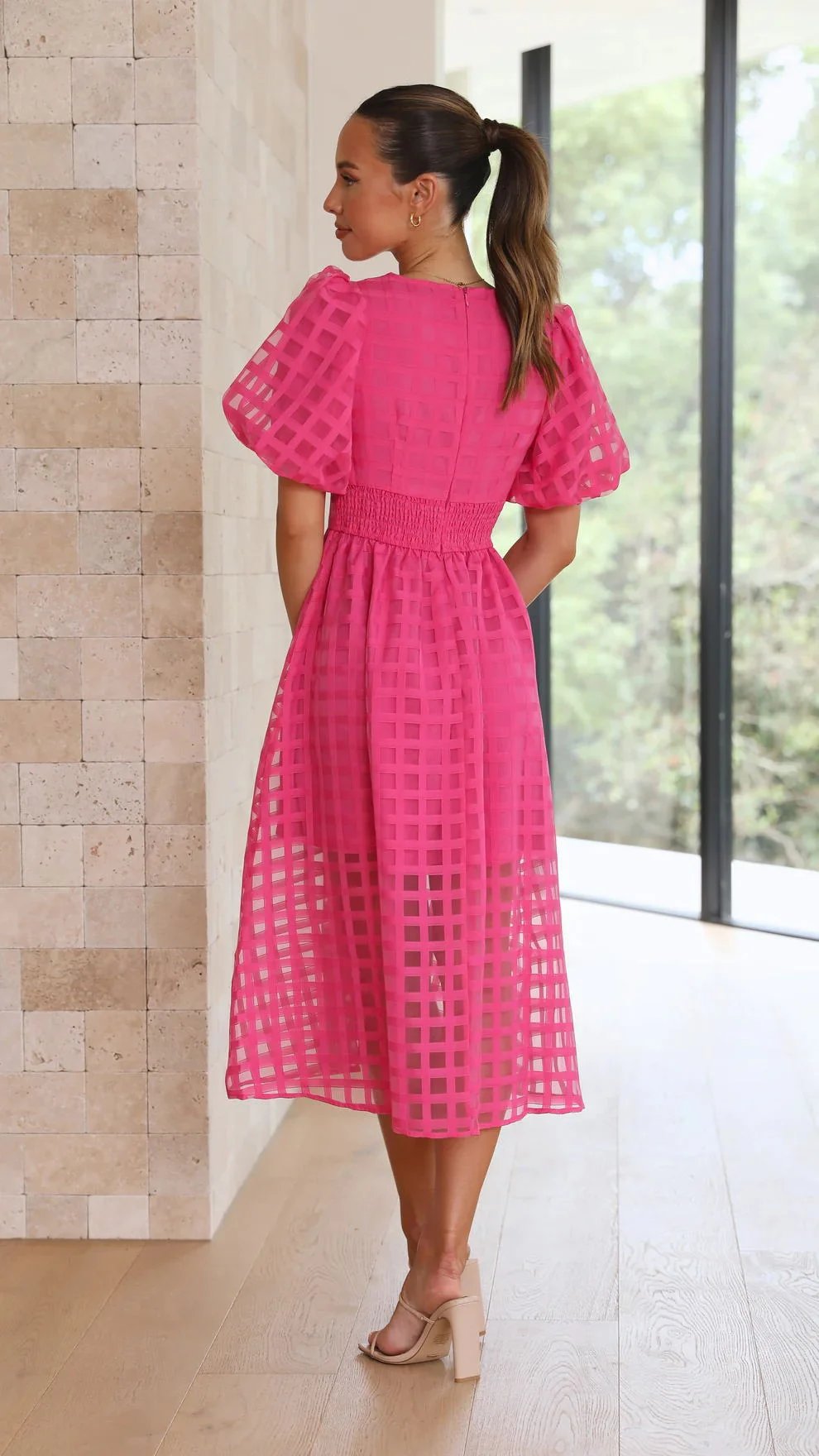 Time-limited promotion 49% OFF  Beauty Square Patterned Fabric Puff Sleeve Midi Dress