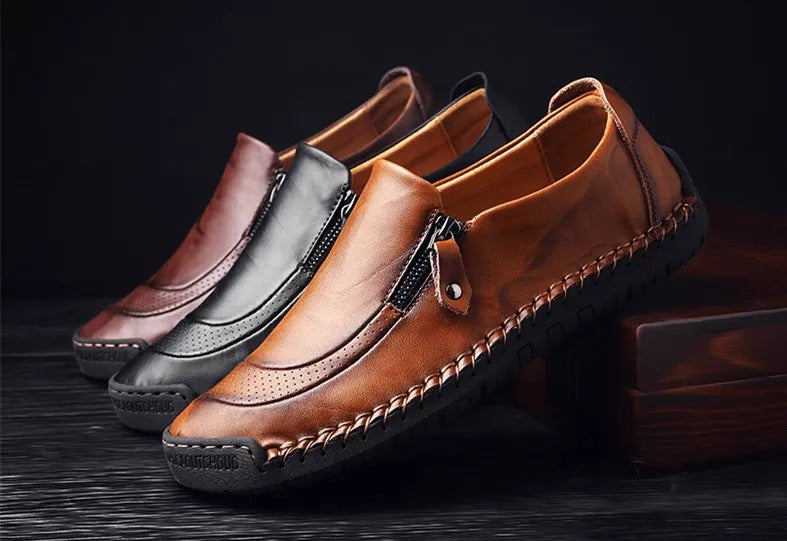 Mens Handmade Side Zipper Casual Comfy Leather Slip On Loafers