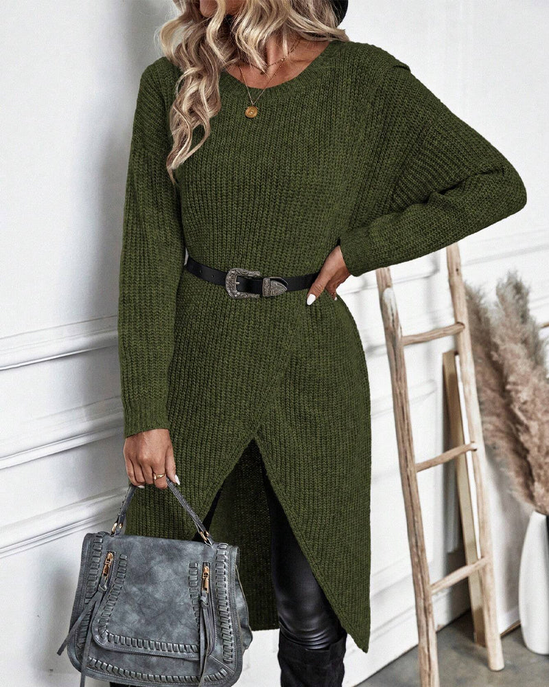 Solid color sweater dress with irregular hem