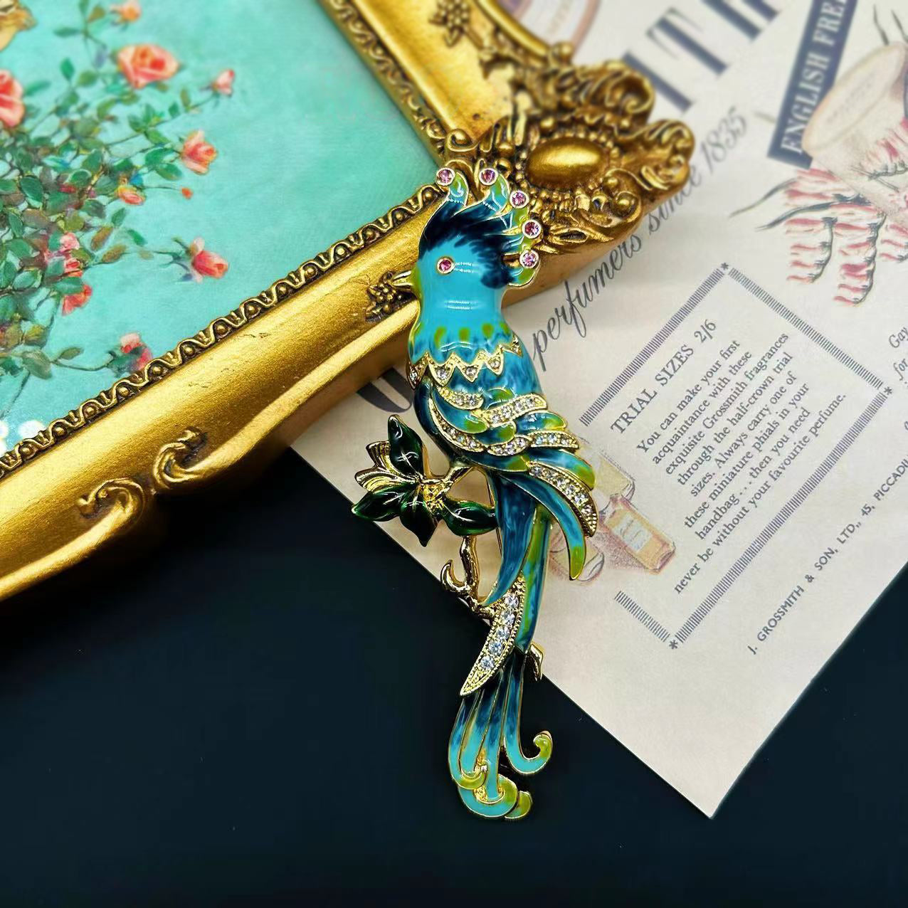 Gold-plated enamel parrot brooch