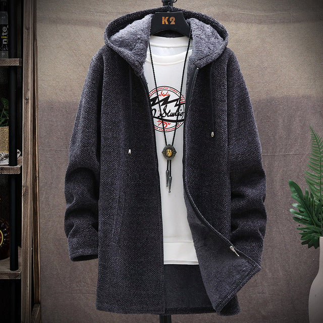 Men Casual Sweaters Jacket Slim Long Thick Warm Hooded Sweater Coat