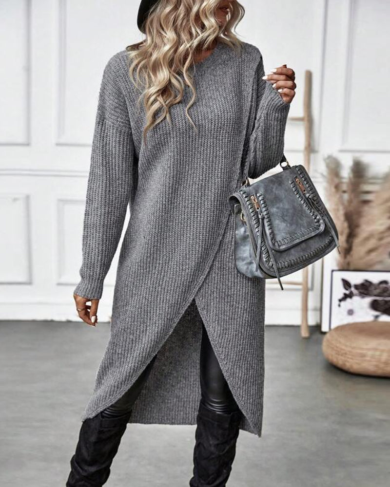 Solid color sweater dress with irregular hem