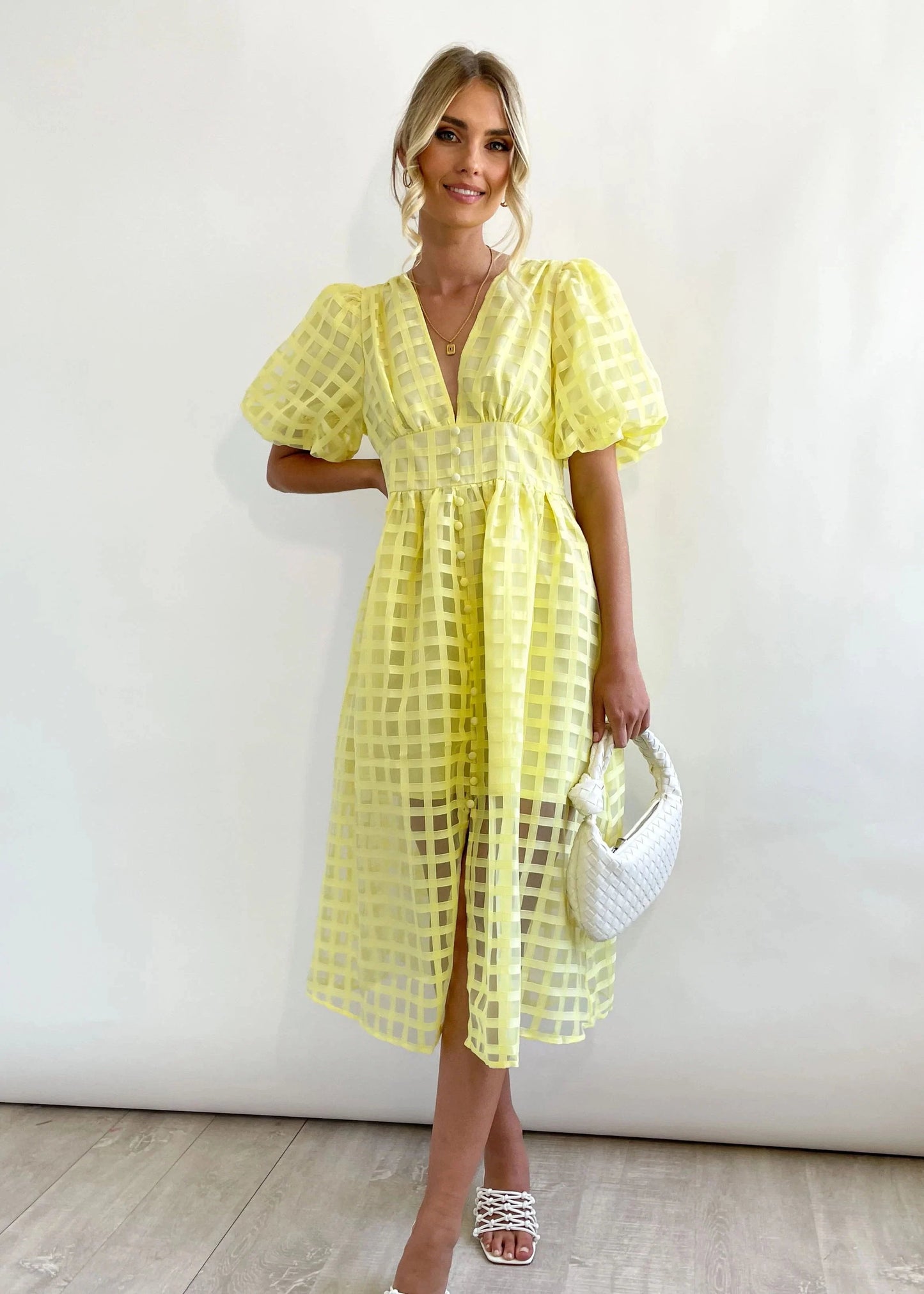 Time-limited promotion 49% OFF  Beauty Square Patterned Fabric Puff Sleeve Midi Dress