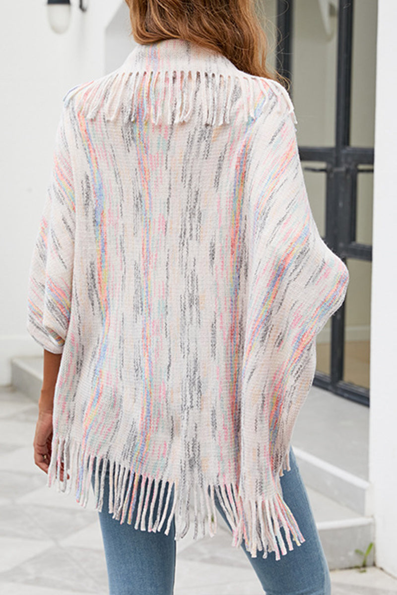 Color Striped Fringed Knit Shawl Sweater