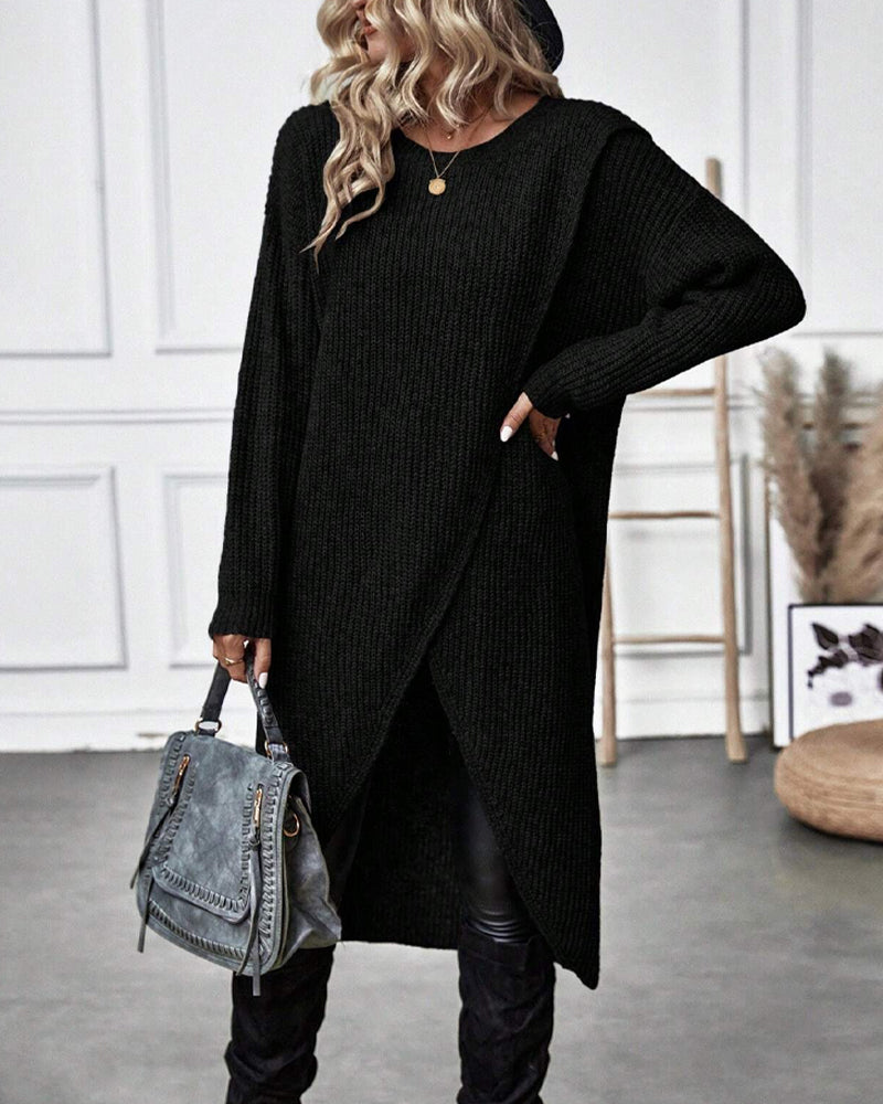 Solid color sweater dress with irregular hem