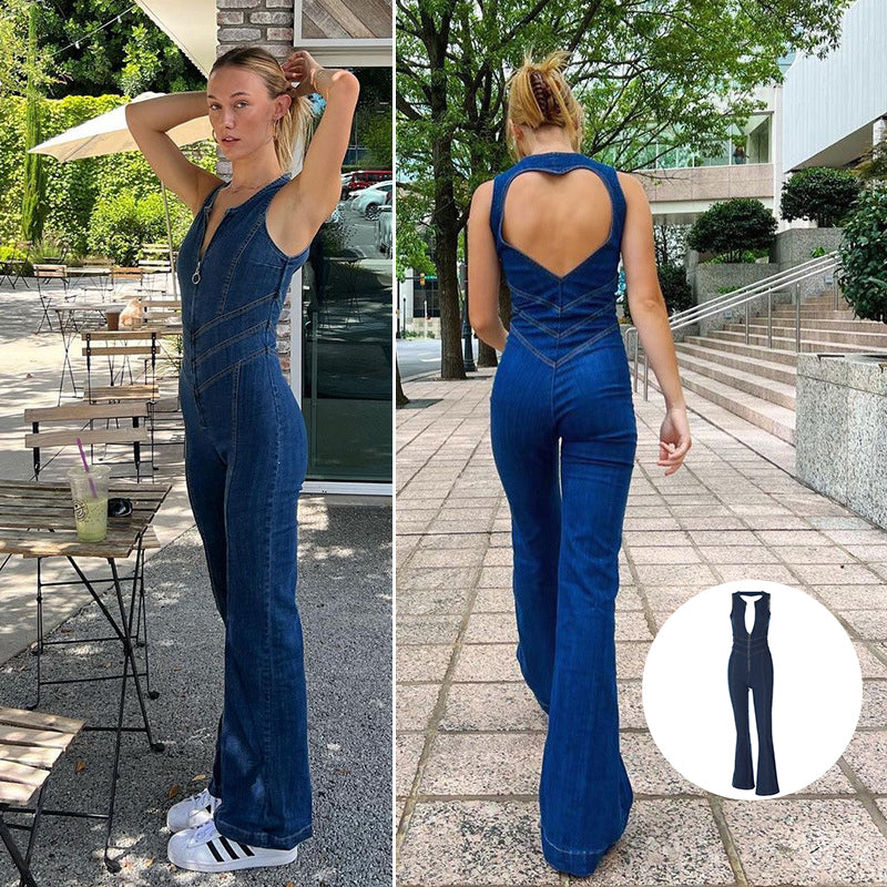 Women&#39;s backless sweetheart denim jumpsuit