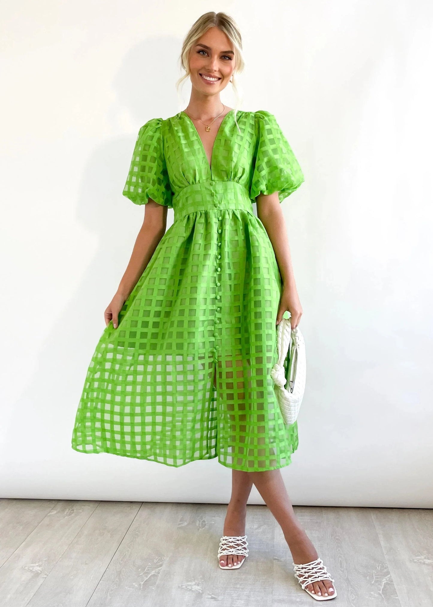 Time-limited promotion 49% OFF  Beauty Square Patterned Fabric Puff Sleeve Midi Dress