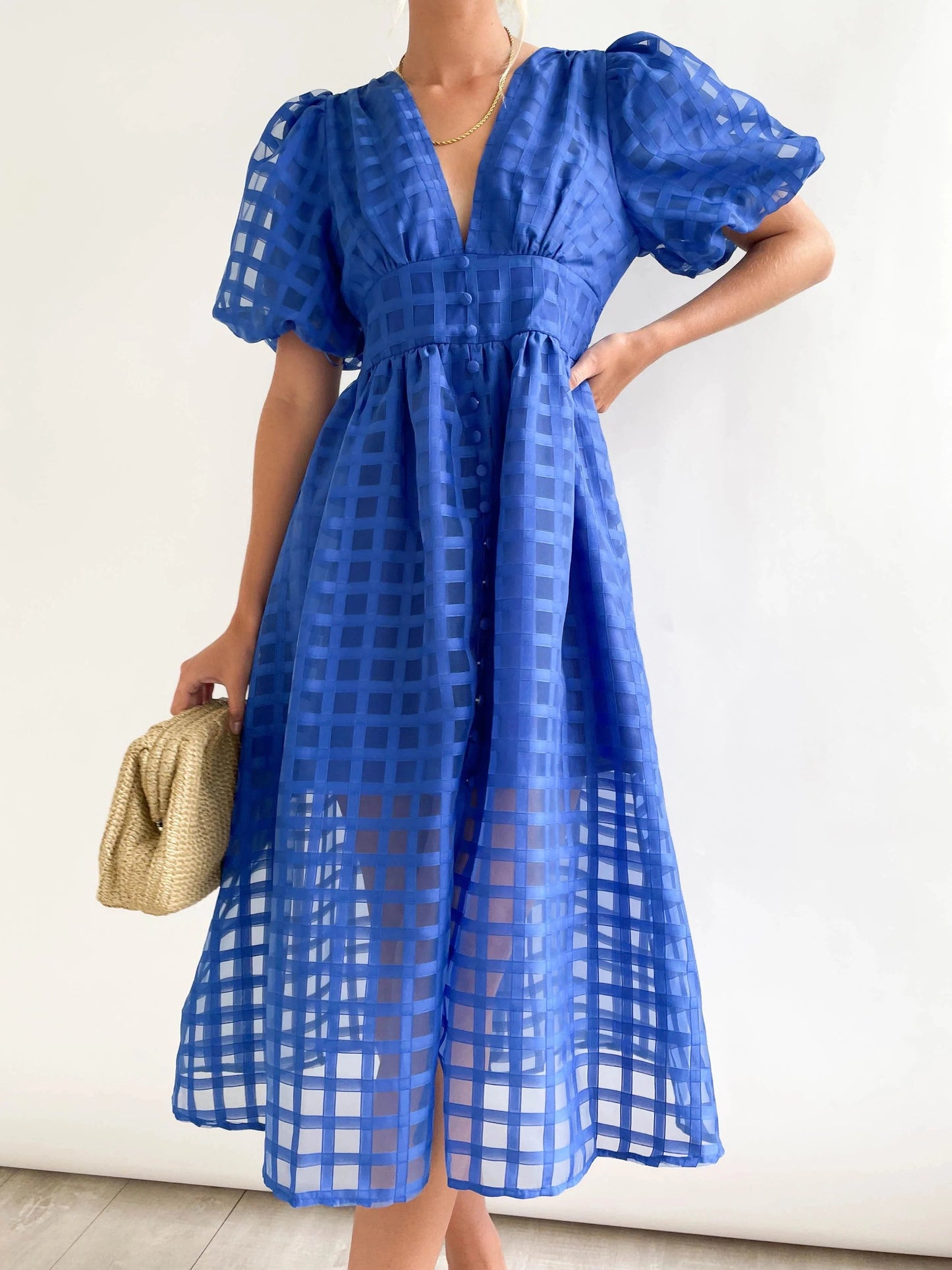 Time-limited promotion 49% OFF  Beauty Square Patterned Fabric Puff Sleeve Midi Dress