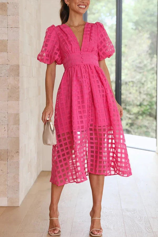 Time-limited promotion 49% OFF  Beauty Square Patterned Fabric Puff Sleeve Midi Dress