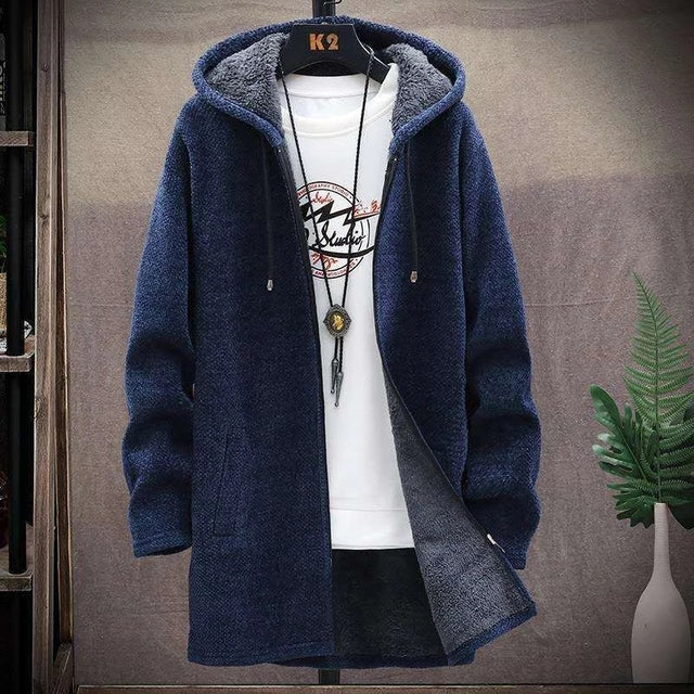 Men Casual Sweaters Jacket Slim Long Thick Warm Hooded Sweater Coat