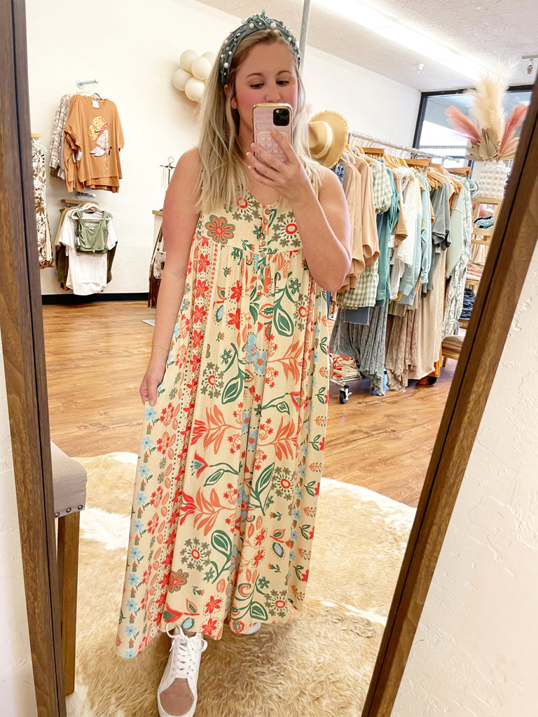 Vintage floral print loose sleeveless jumpsuit