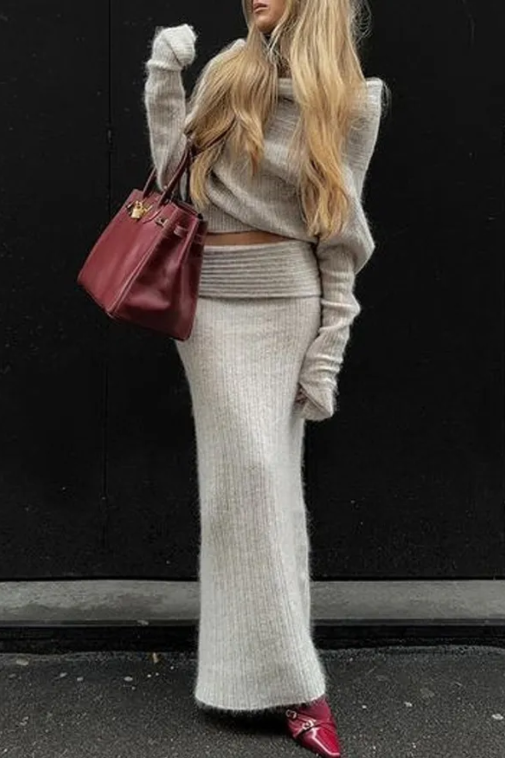 Solid Color One-shoulder Sweater & Skirt Two-piece Set