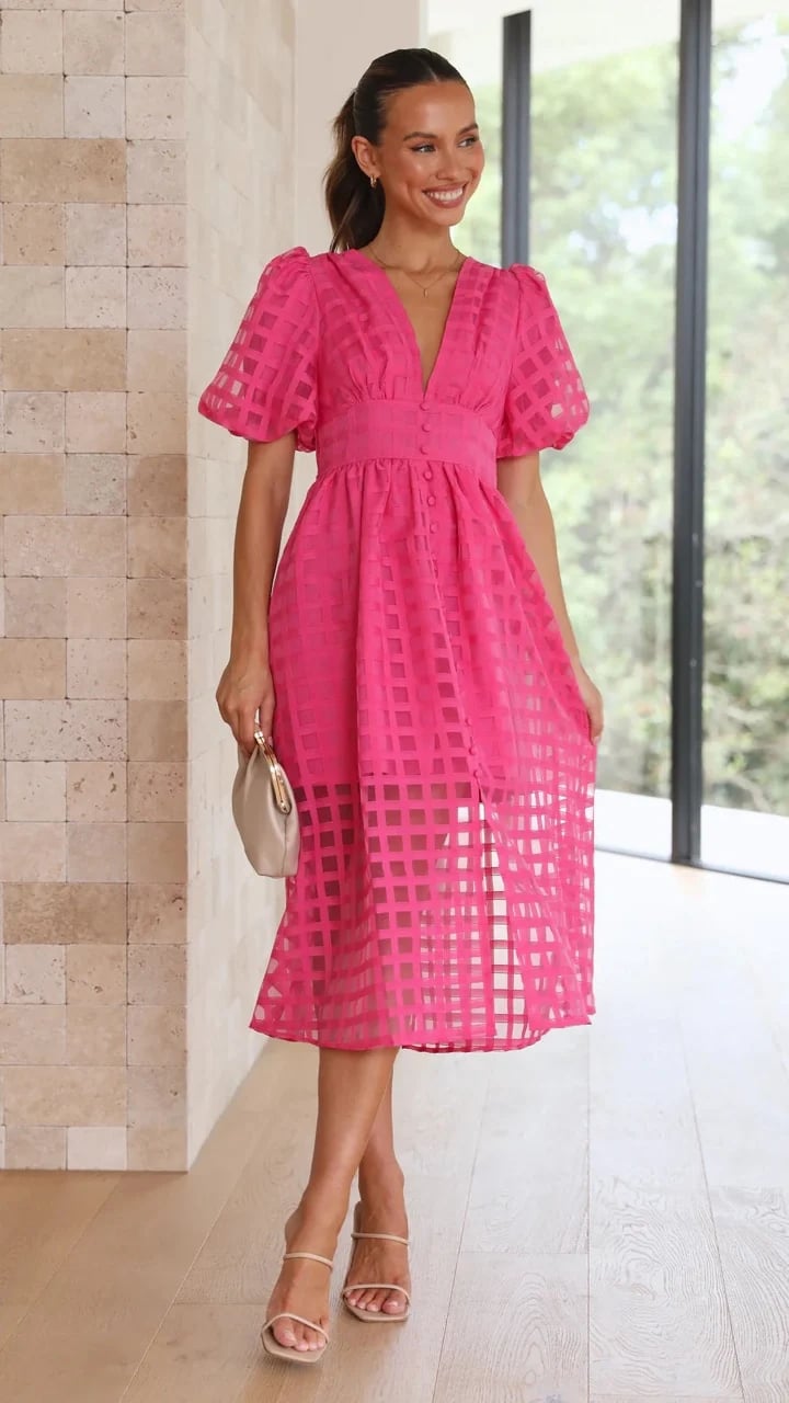 Time-limited promotion 49% OFF  Beauty Square Patterned Fabric Puff Sleeve Midi Dress