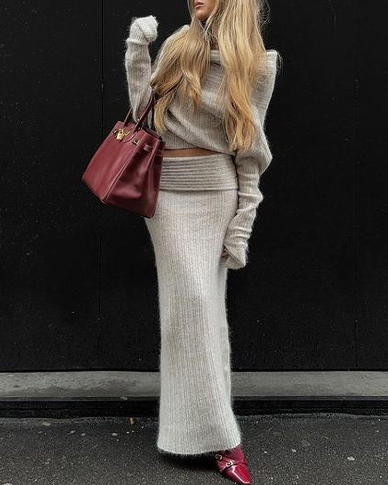 Solid Color One-shoulder Sweater & Skirt Two-piece Set