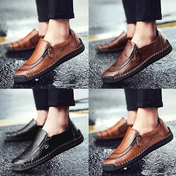 Mens Handmade Side Zipper Casual Comfy Leather Slip On Loafers