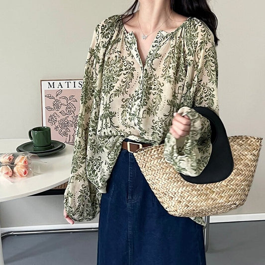 Women's Green Floral Balloon Sleeve Shirt