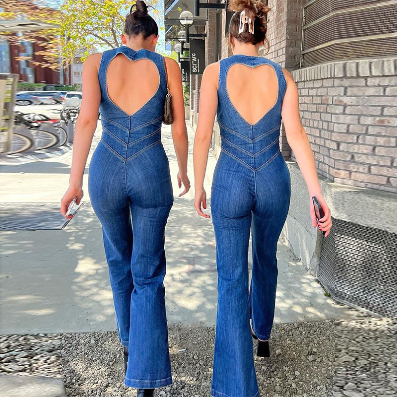 Women&#39;s backless sweetheart denim jumpsuit