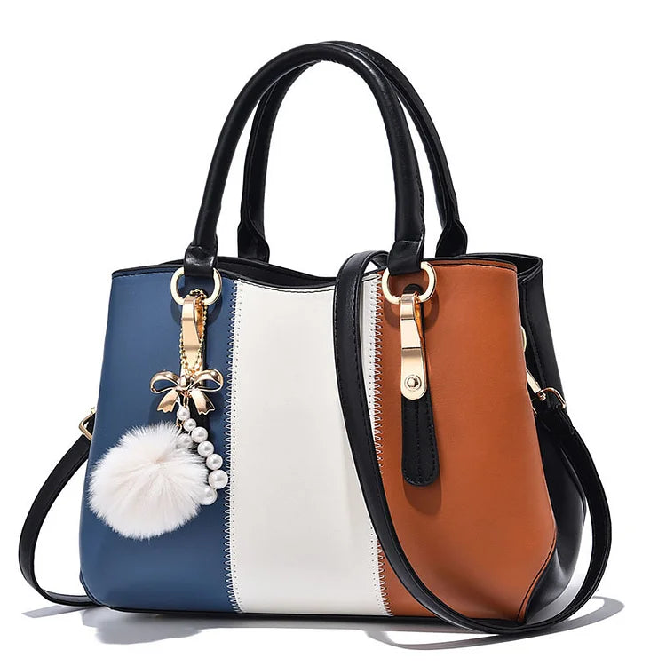 New Elegant Tri-color contrast wool ball Women's Handbag