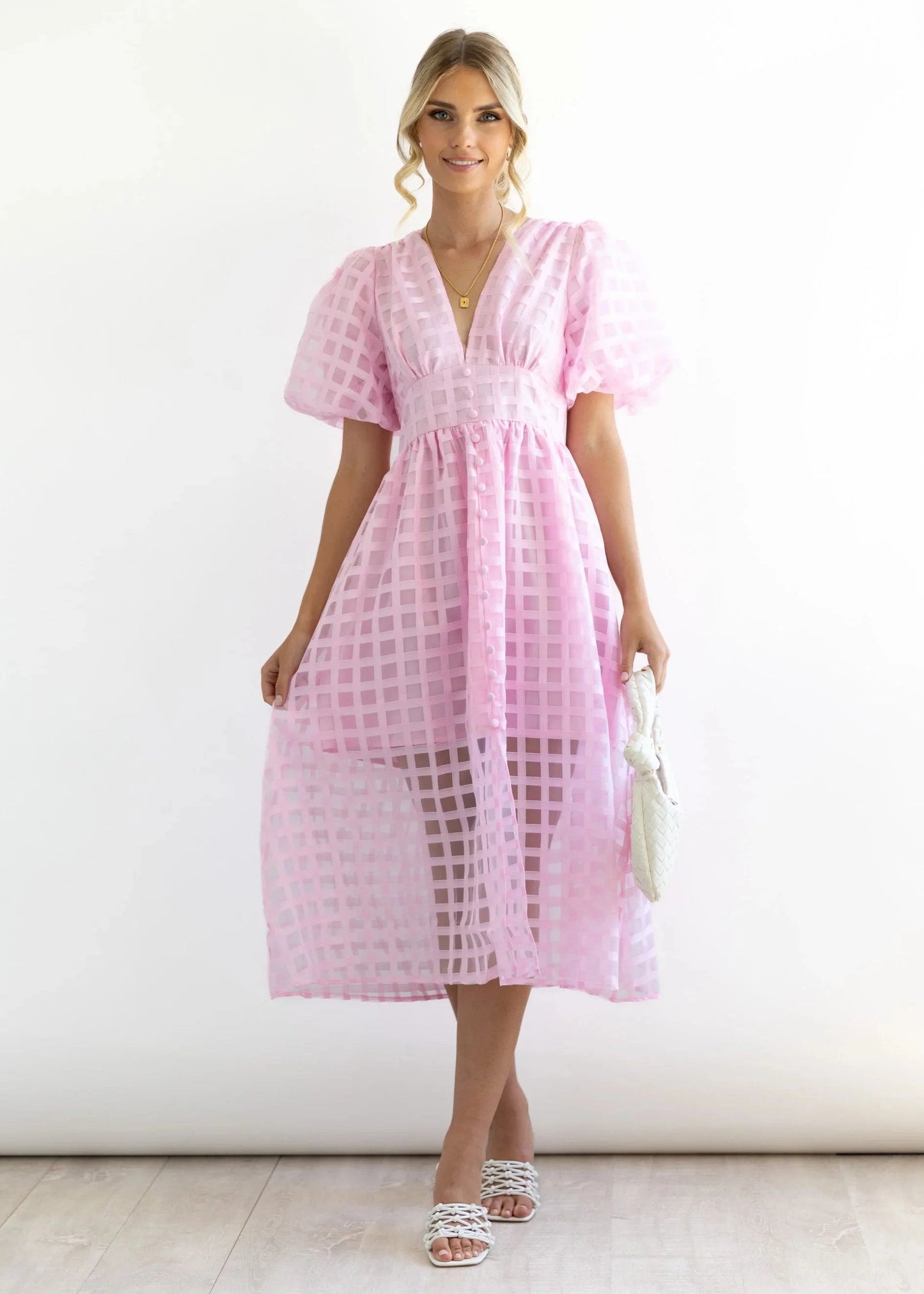 Time-limited promotion 49% OFF  Beauty Square Patterned Fabric Puff Sleeve Midi Dress