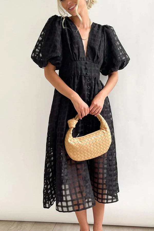 Time-limited promotion 49% OFF  Beauty Square Patterned Fabric Puff Sleeve Midi Dress