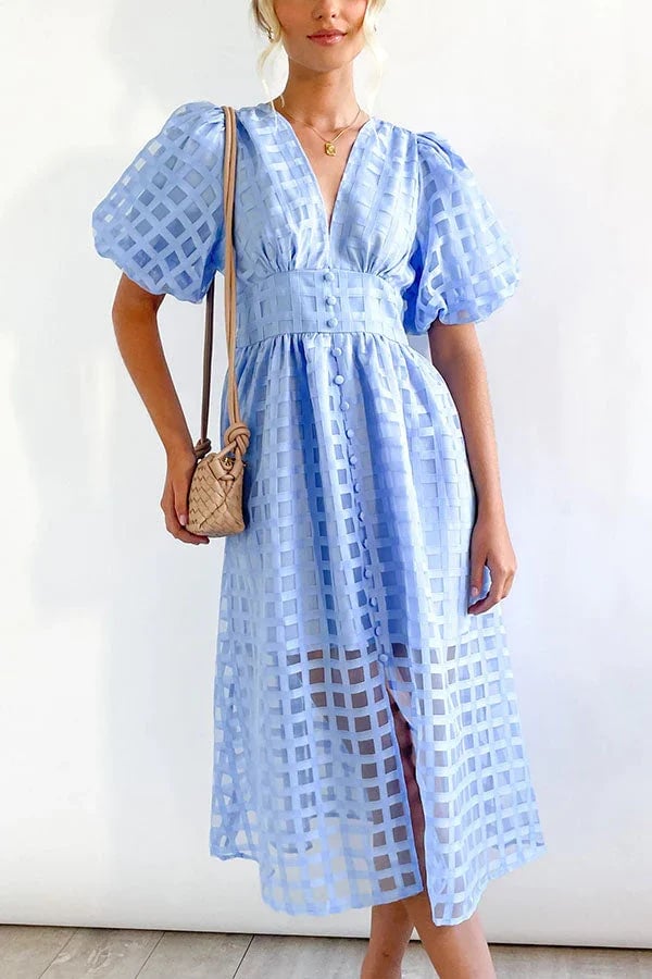 Time-limited promotion 49% OFF  Beauty Square Patterned Fabric Puff Sleeve Midi Dress