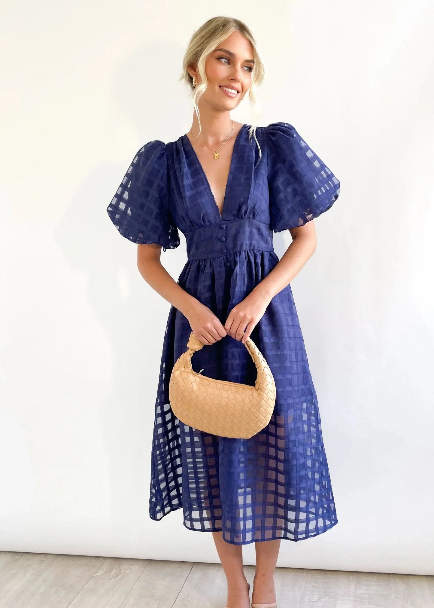 Time-limited promotion 49% OFF  Beauty Square Patterned Fabric Puff Sleeve Midi Dress