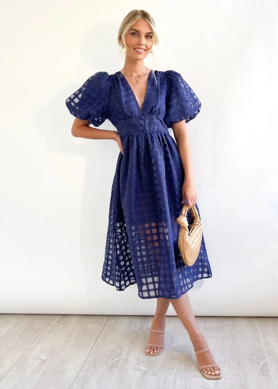 Time-limited promotion 49% OFF  Beauty Square Patterned Fabric Puff Sleeve Midi Dress