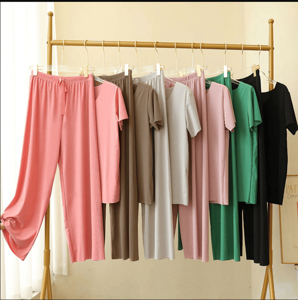 Soft Comfortable Ice Silk Short Sleeve T-Shirt Two Piece Set Loose Wide-leg Pants