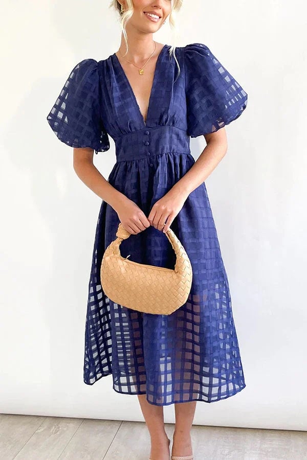 Time-limited promotion 49% OFF  Beauty Square Patterned Fabric Puff Sleeve Midi Dress