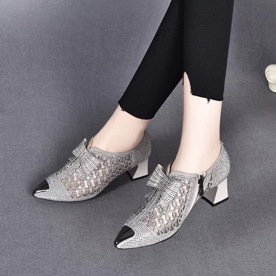 summer casual  Rhinestone hollow chunky heel shoes and new belt buckle solid color plus size women's sandals