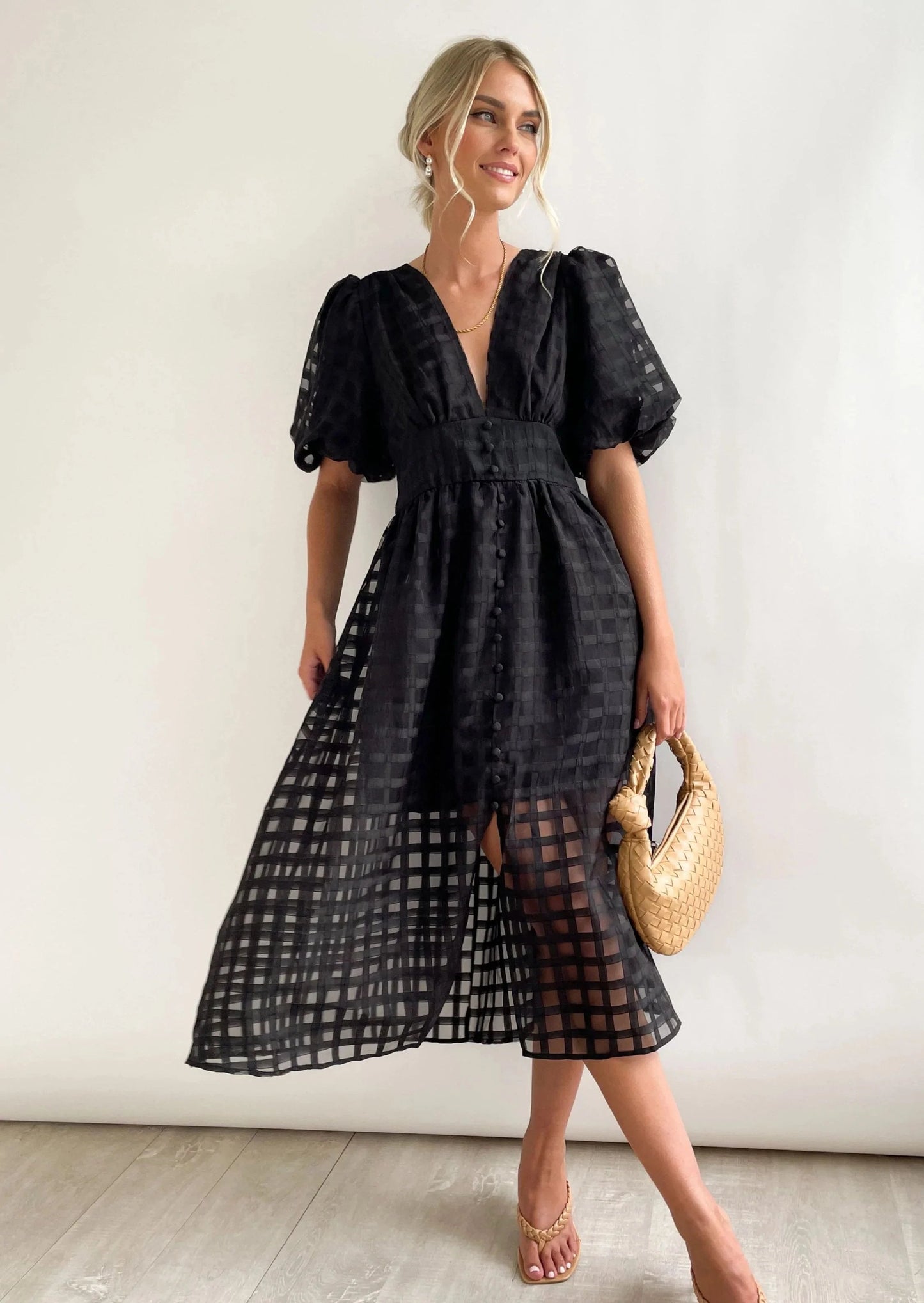 Time-limited promotion 49% OFF  Beauty Square Patterned Fabric Puff Sleeve Midi Dress