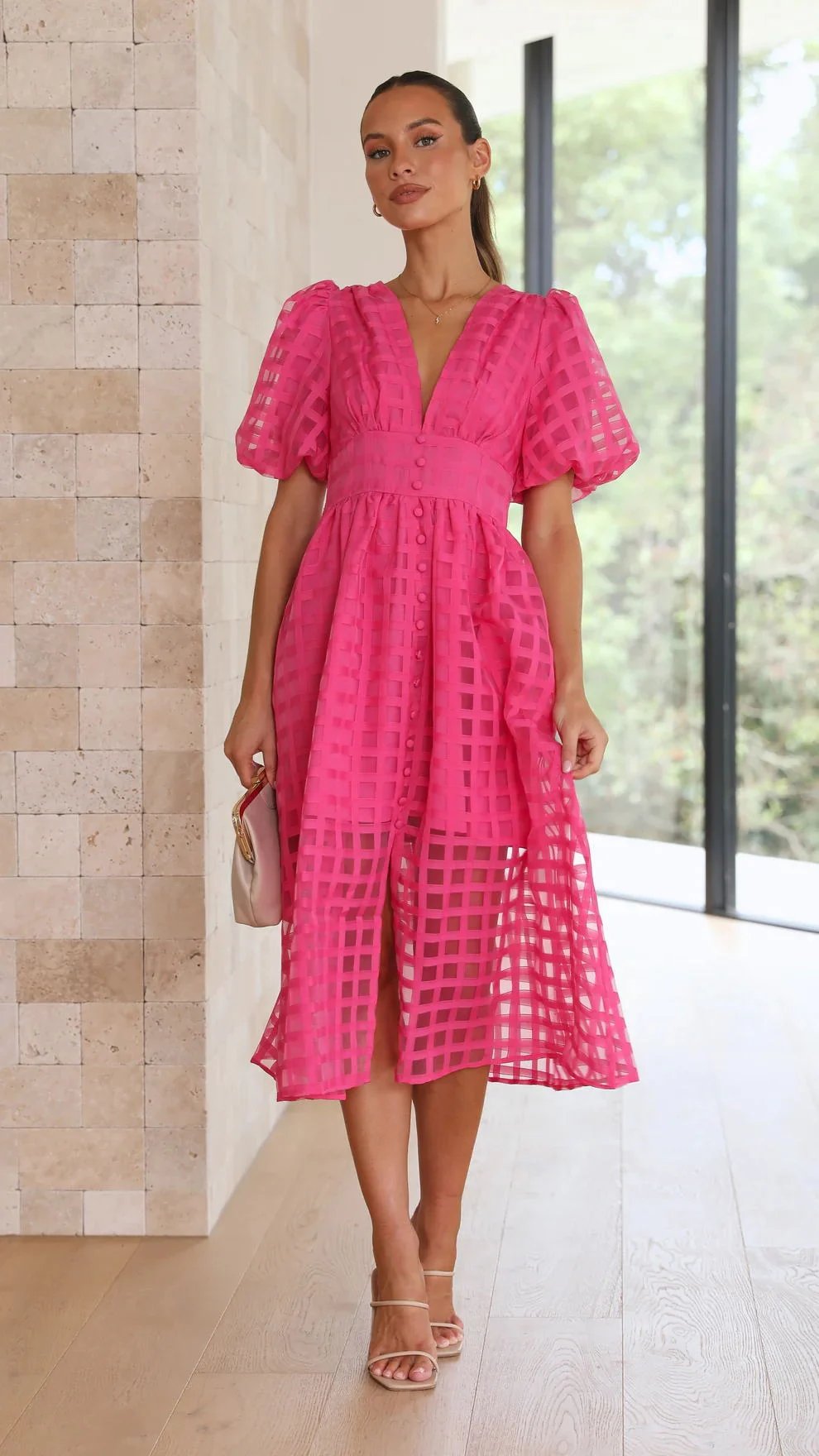 Time-limited promotion 49% OFF  Beauty Square Patterned Fabric Puff Sleeve Midi Dress