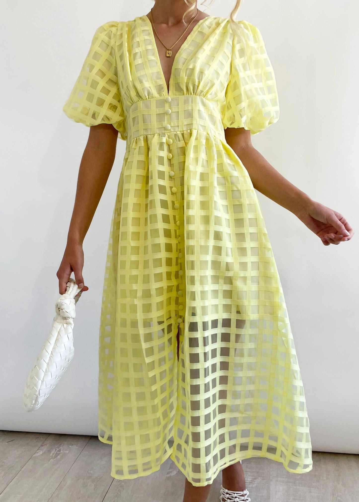 Time-limited promotion 49% OFF  Beauty Square Patterned Fabric Puff Sleeve Midi Dress