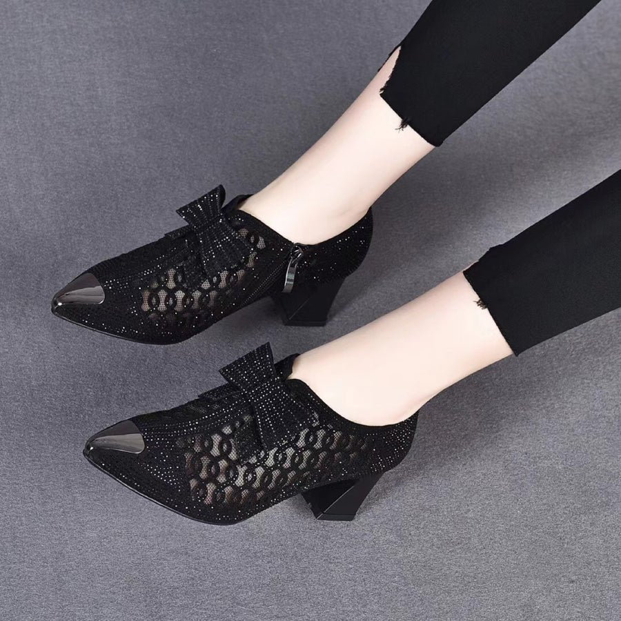 summer casual  Rhinestone hollow chunky heel shoes and new belt buckle solid color plus size women's sandals