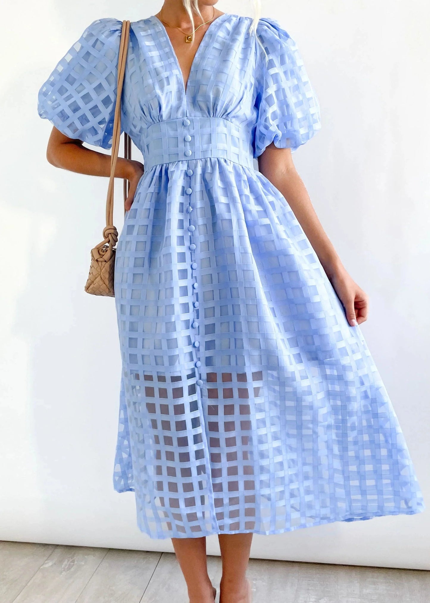 Time-limited promotion 49% OFF  Beauty Square Patterned Fabric Puff Sleeve Midi Dress