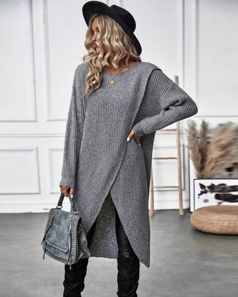 Solid color sweater dress with irregular hem