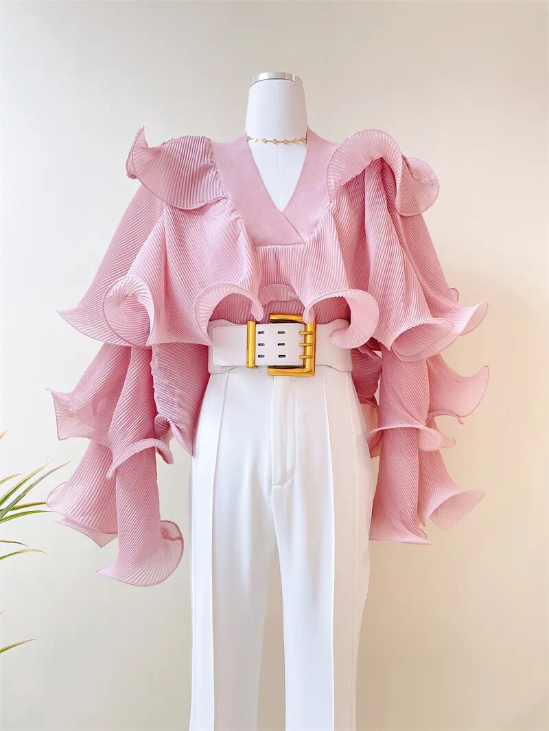 Pink Long Sleeve V Neck Ruffles Blouse