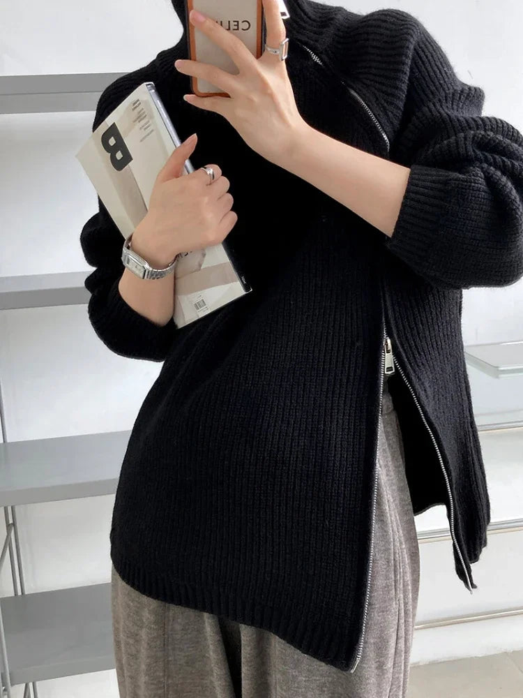 High-end niche side-zip lazy and loose mid-length sweater