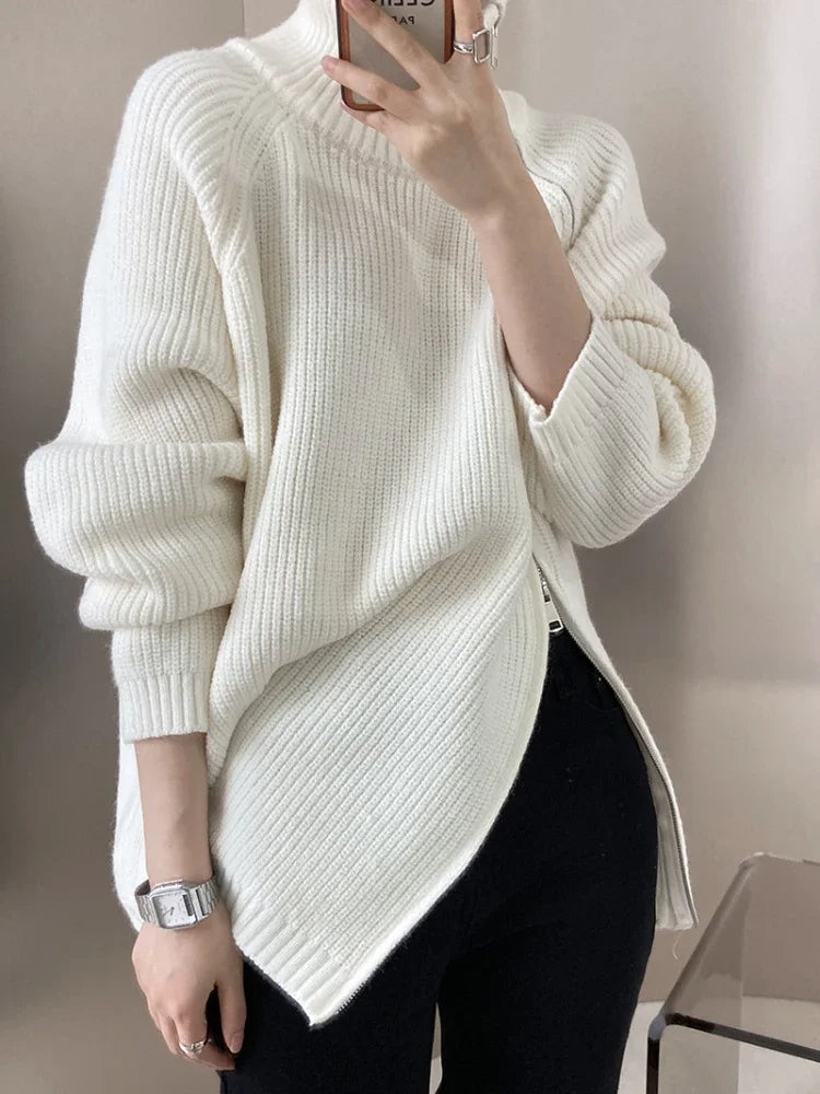 High-end niche side-zip lazy and loose mid-length sweater