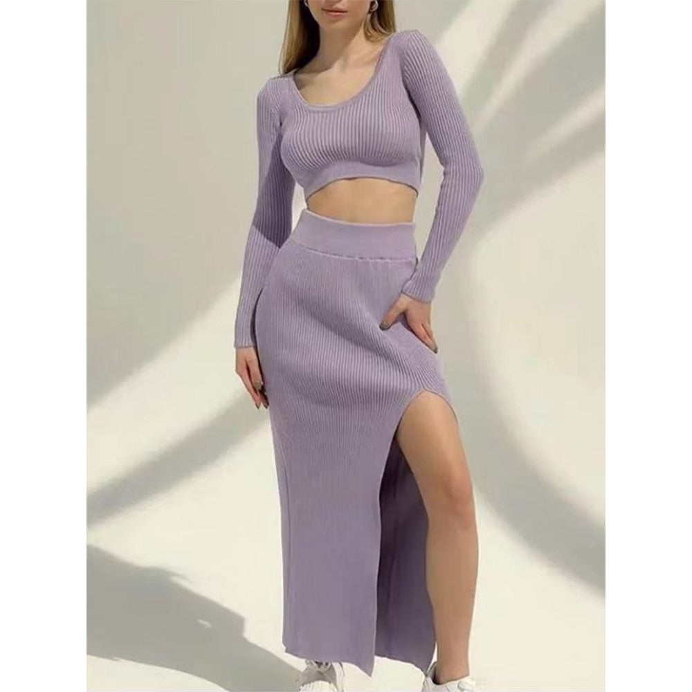 Long-sleeved U-neck slim, fashionable, casual and sexy slit long skirt two-piece set