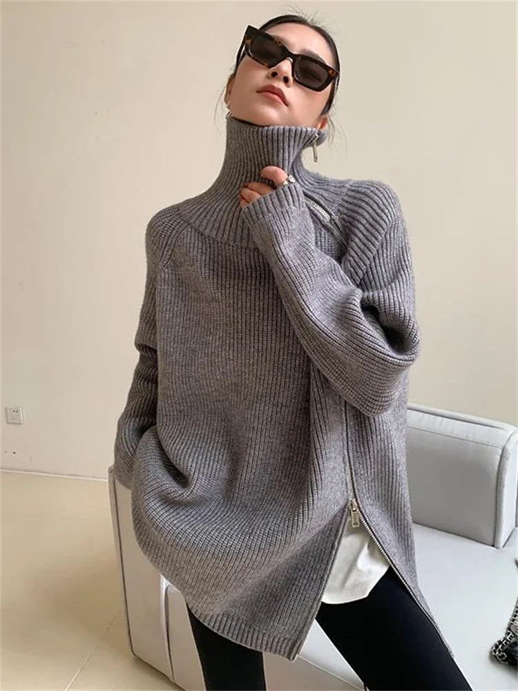 High-end niche side-zip lazy and loose mid-length sweater