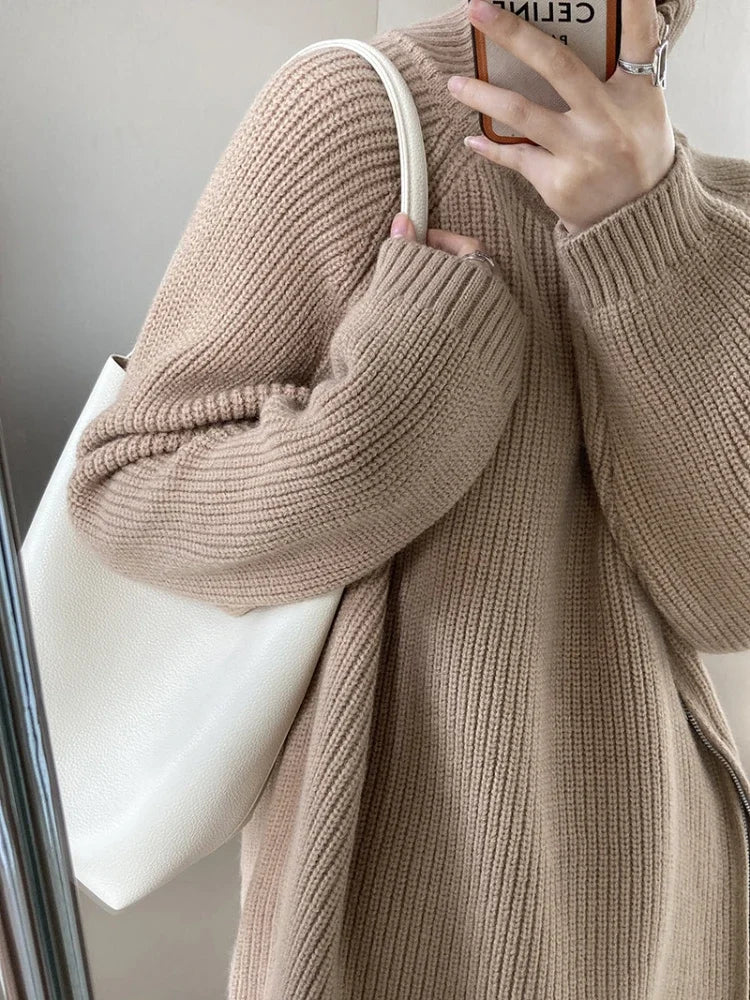 High-end niche side-zip lazy and loose mid-length sweater