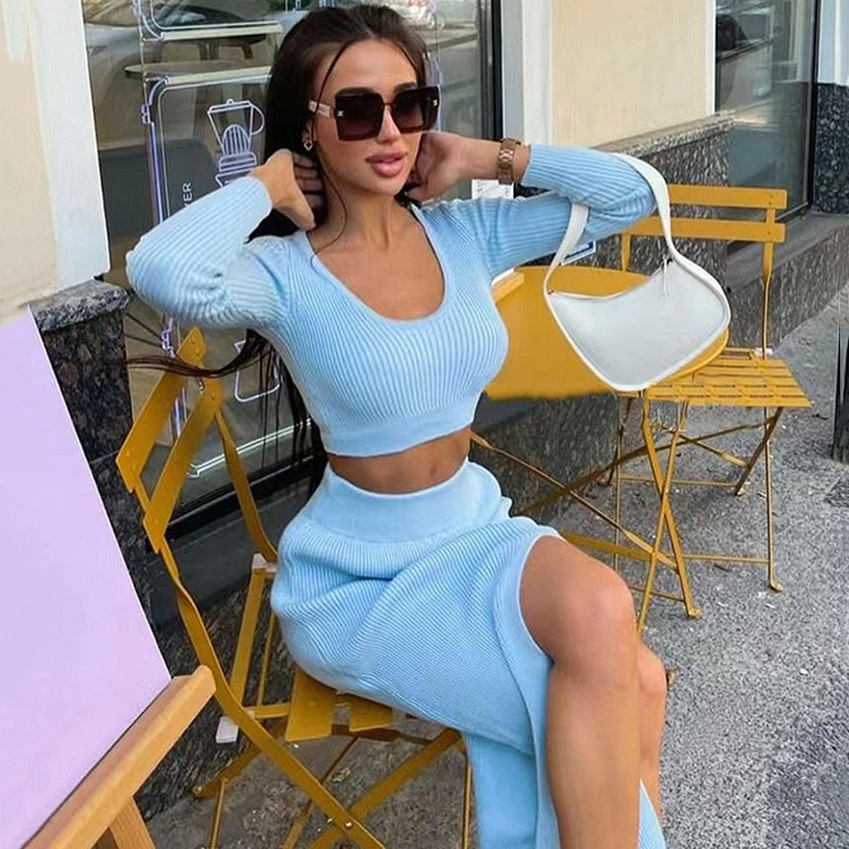 Long-sleeved U-neck slim, fashionable, casual and sexy slit long skirt two-piece set