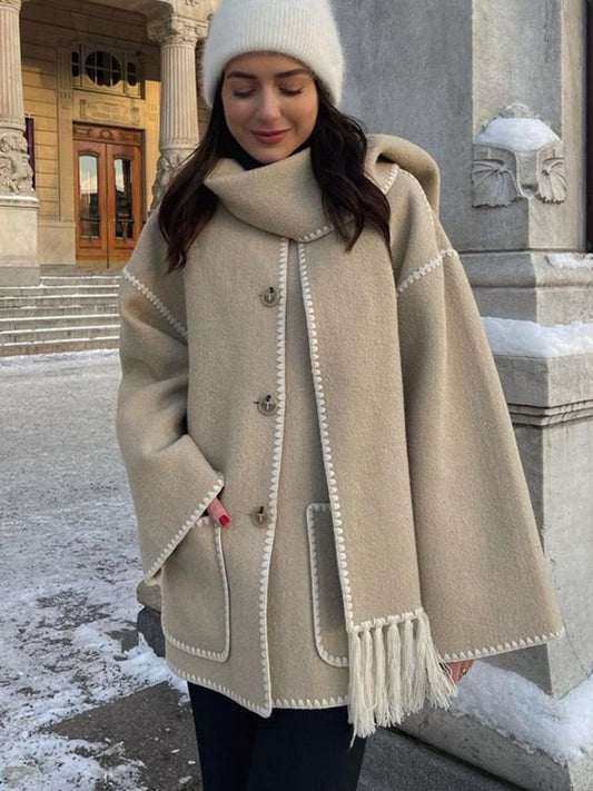 new autumn and winter fashionable woolen coat thickened loose jacket with scarf tassels for women