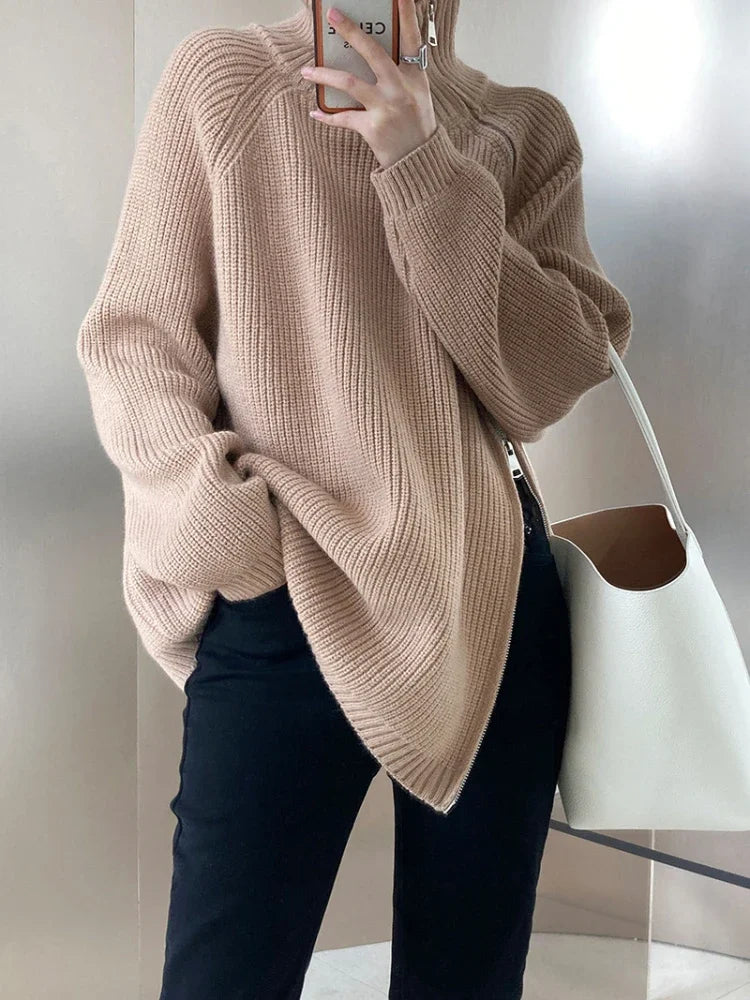 High-end niche side-zip lazy and loose mid-length sweater