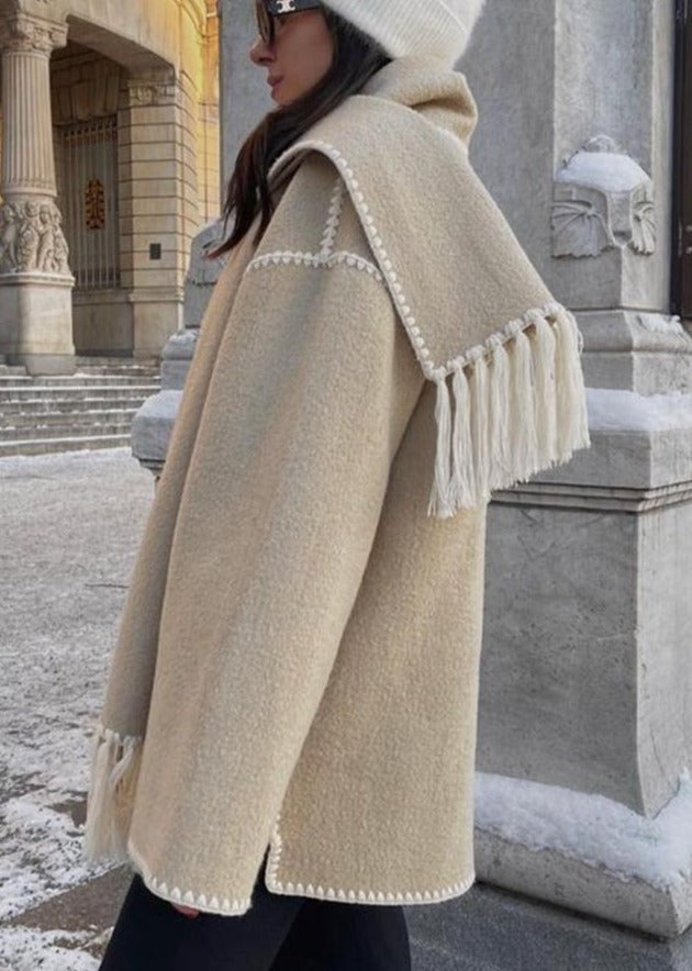 new autumn and winter fashionable woolen coat thickened loose jacket with scarf tassels for women